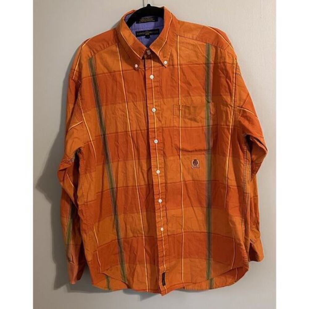 Tommy Hilfiger Button Up Dress Shirt Adult mens Large Orange Cotton Vintage